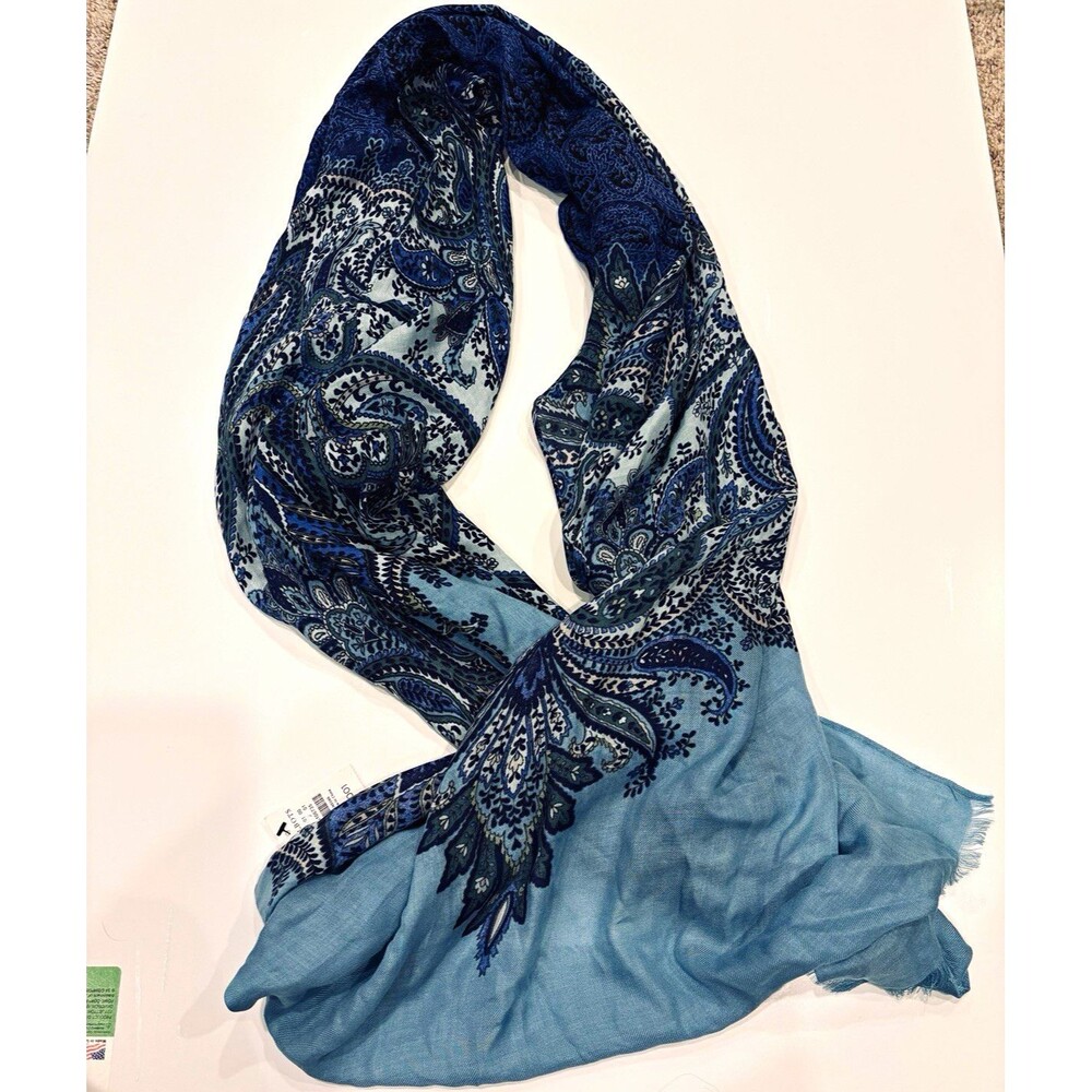 NWT Talbots blue paisley modal silk twill rectangle scarf with fringe